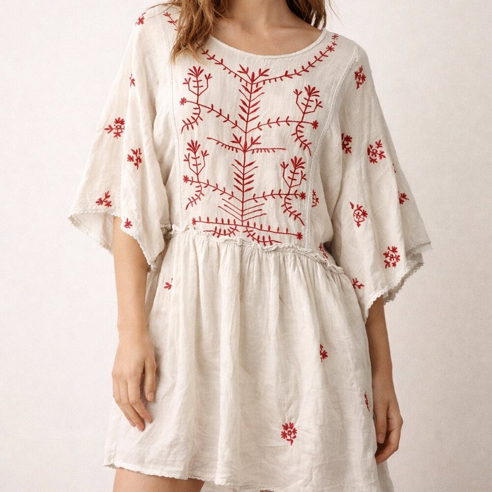 Zara Trafaluc Embroidered Peasant Dress Boho Cream Red Folk Tunic Size M